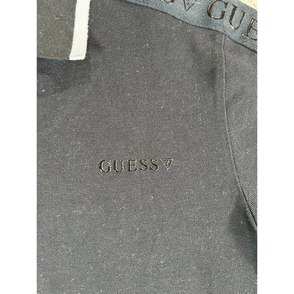 Guess Mens Black 1/4 Zip Polo Shirt Short Sleeve Logo Tape‎ Shoulder Small